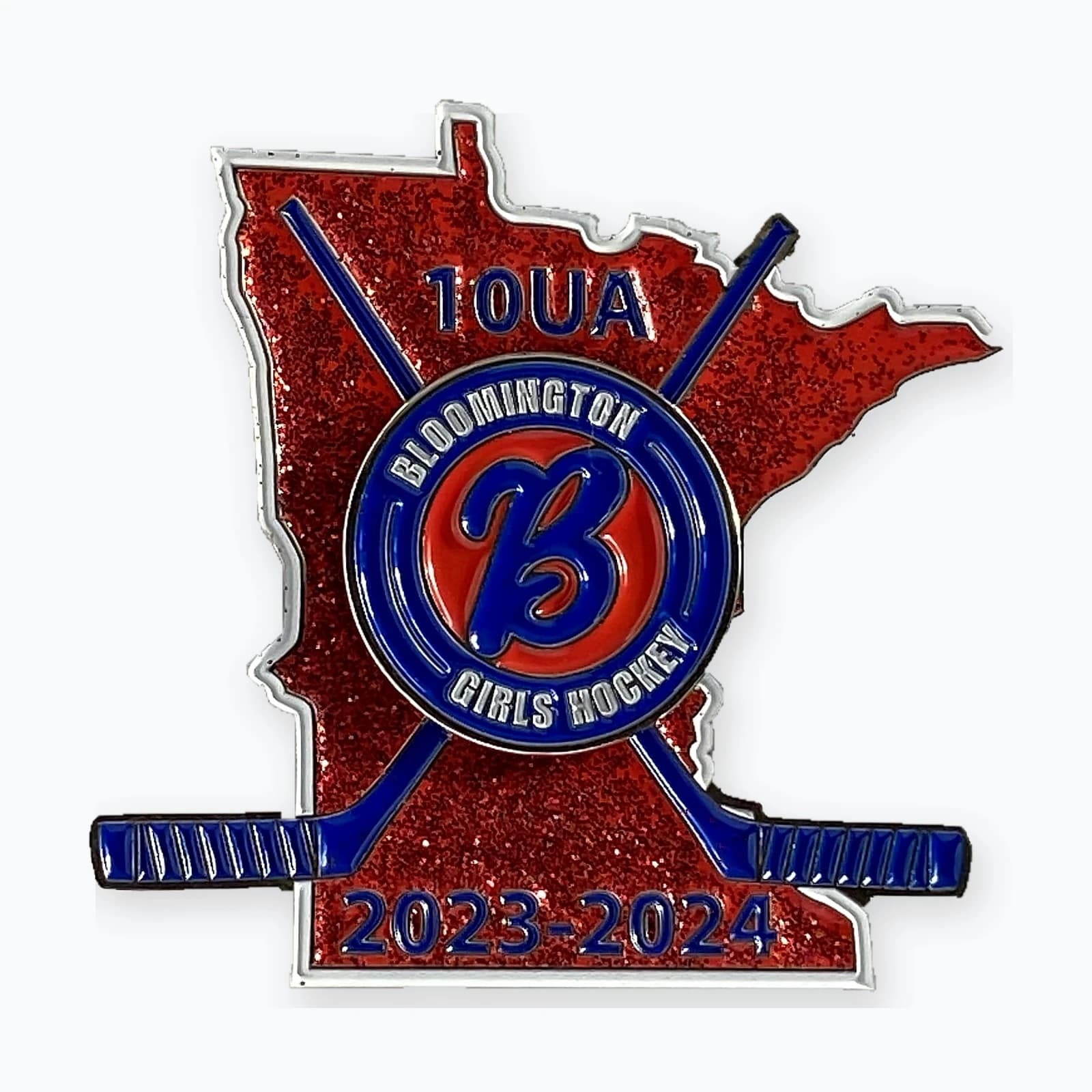 A Minnesota-shaped Bloomington girls hockey pin with a red glitter finish and center spinner
