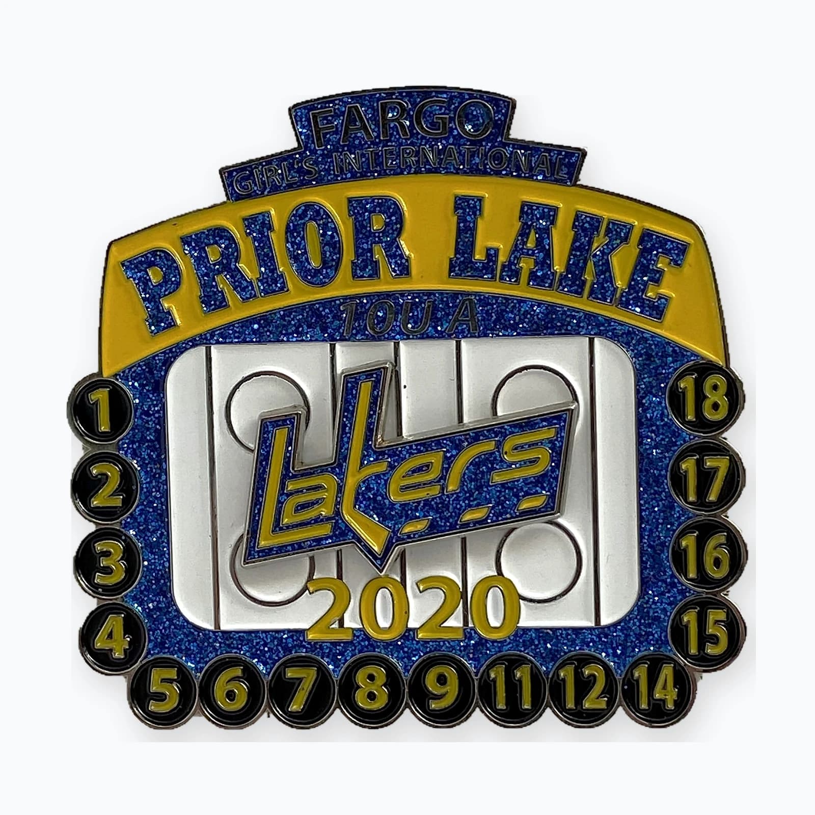 A Prior Lake Lakers rink-shaped trading pin with a spinner and player numbers