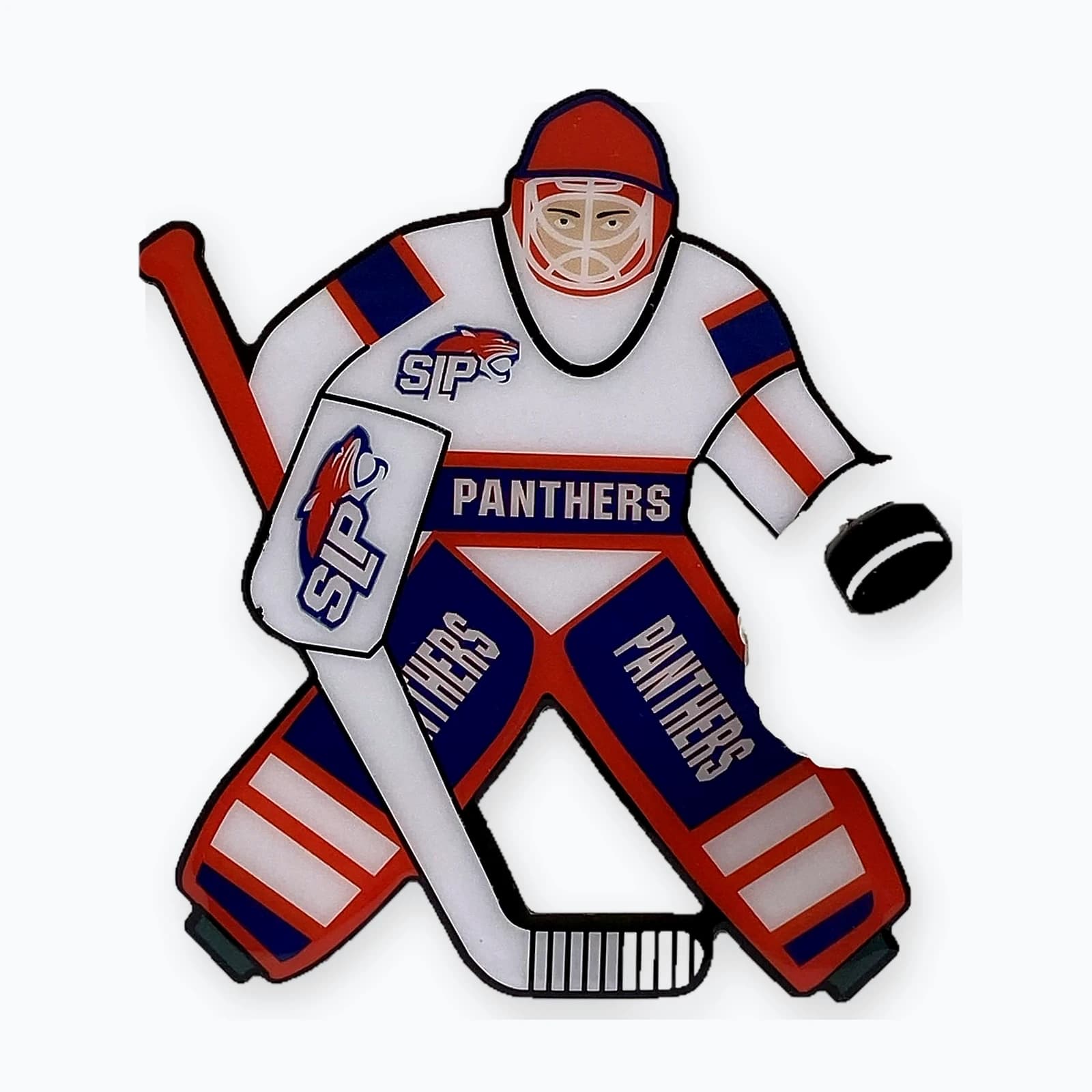 A trading pin shaped like a goaltender in full pads with a leather glove and puck
