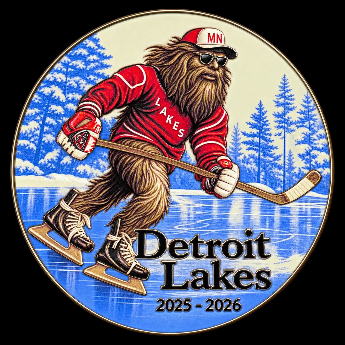 A round Detroit Lakes trading pin showing a Bigfoot in a red Lakes sweater and MN cap skating on a frozen lake lined with snowy pines