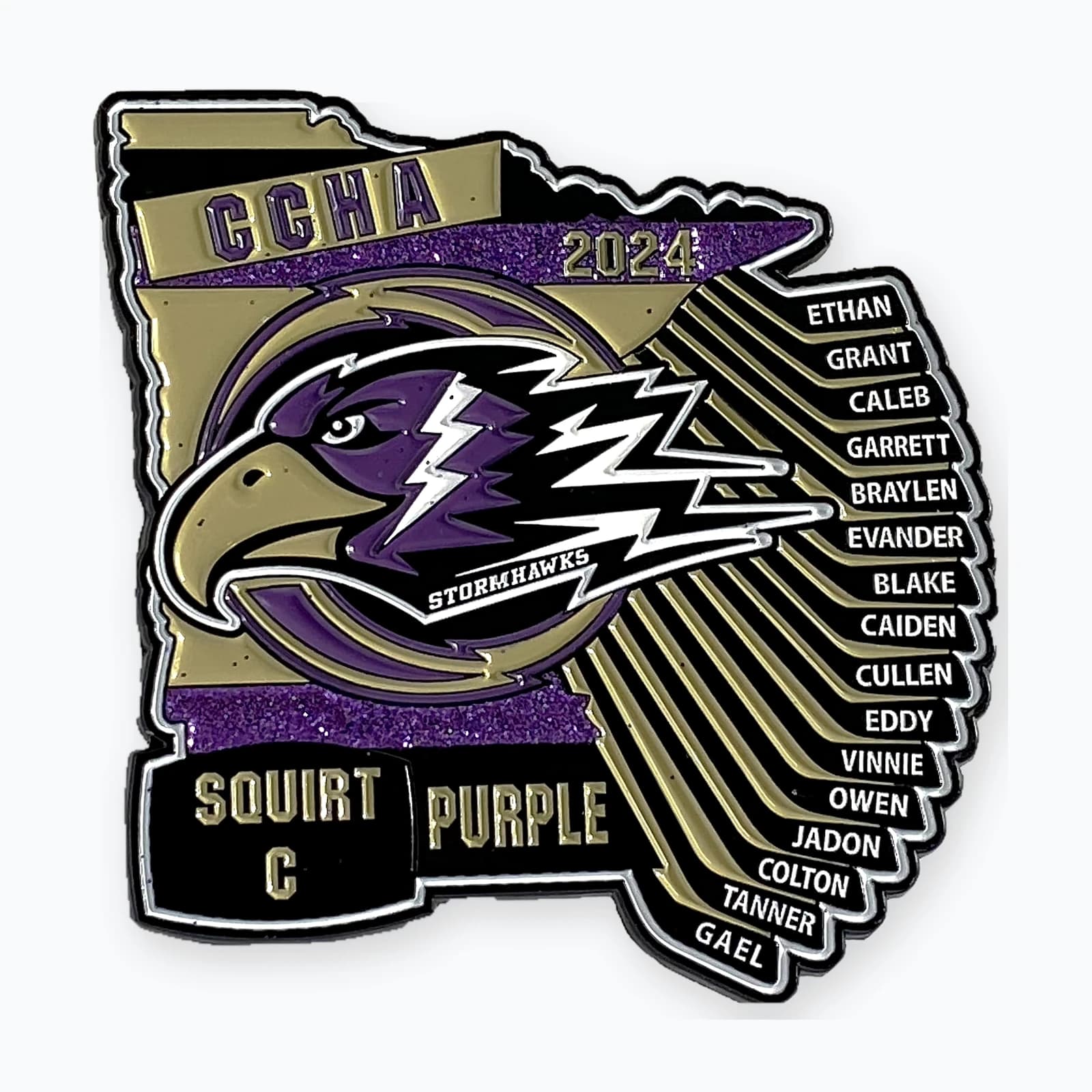 A CCHA Squirt C trading pin with purple glitter and player names