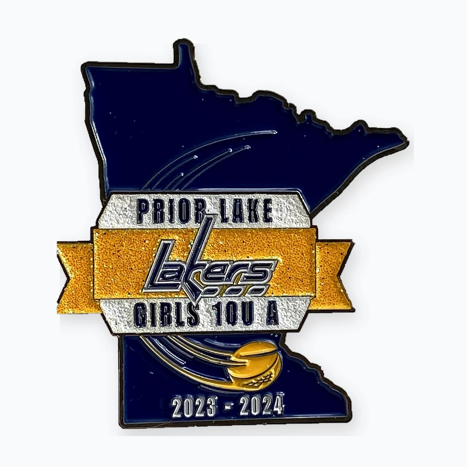 A Prior Lake Lakers Girls 10U A trading pin shaped like Minnesota, with gold glitter through the lettering