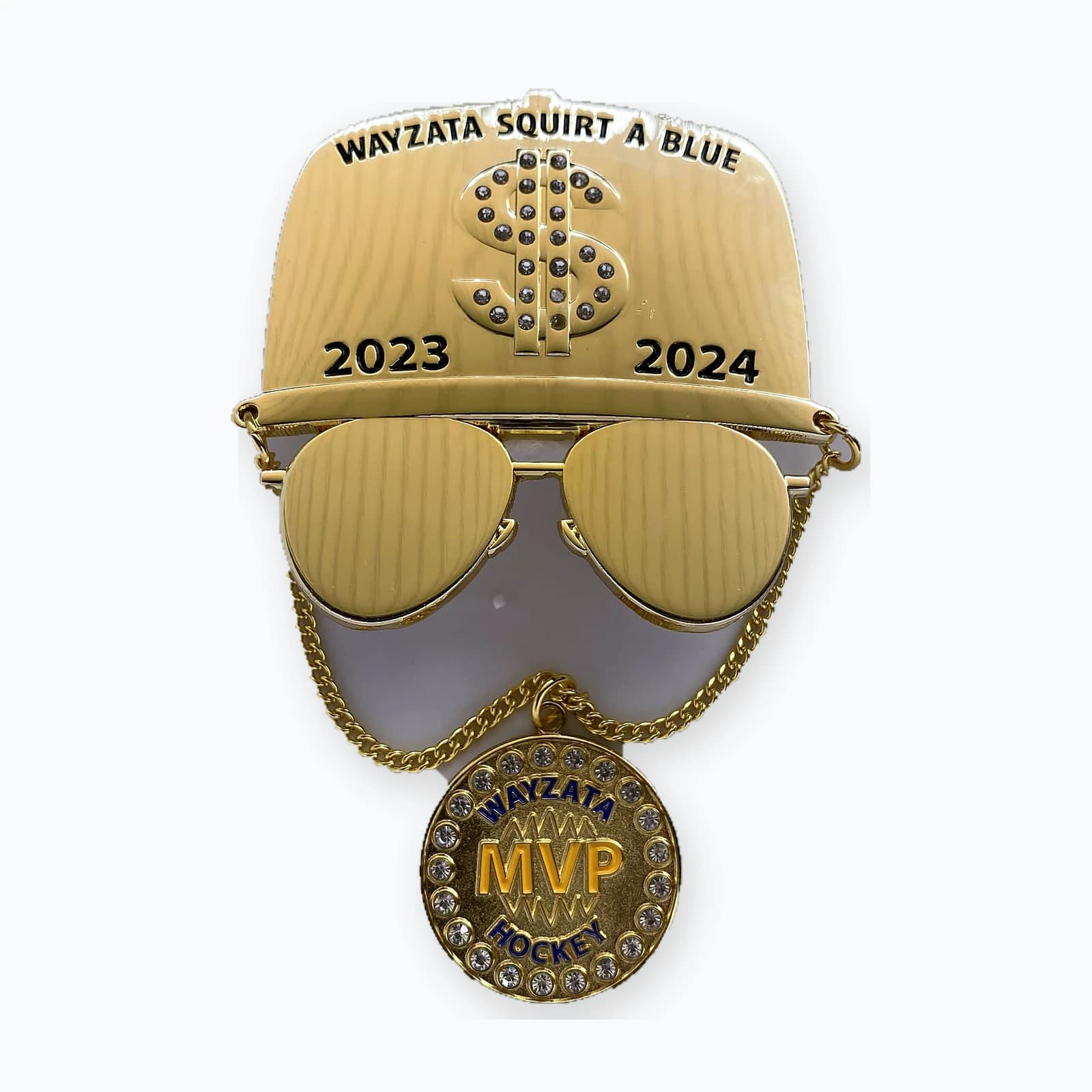 A Wayzata Squirt A trading pin with sunglasses and an MVP medal dangler