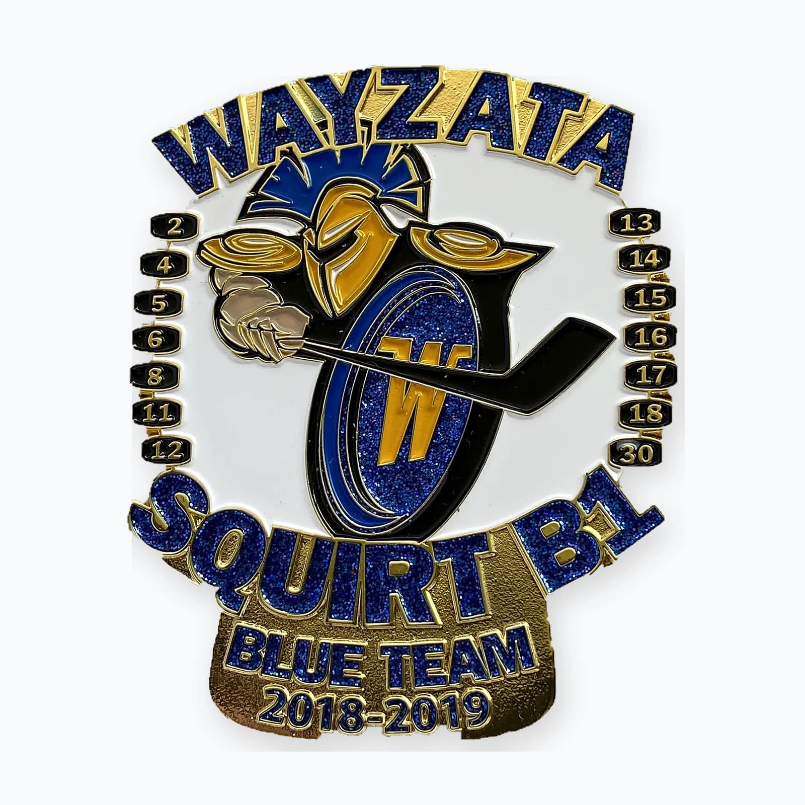 A Wayzata Squirt B1 trading pin with a trojan mascot