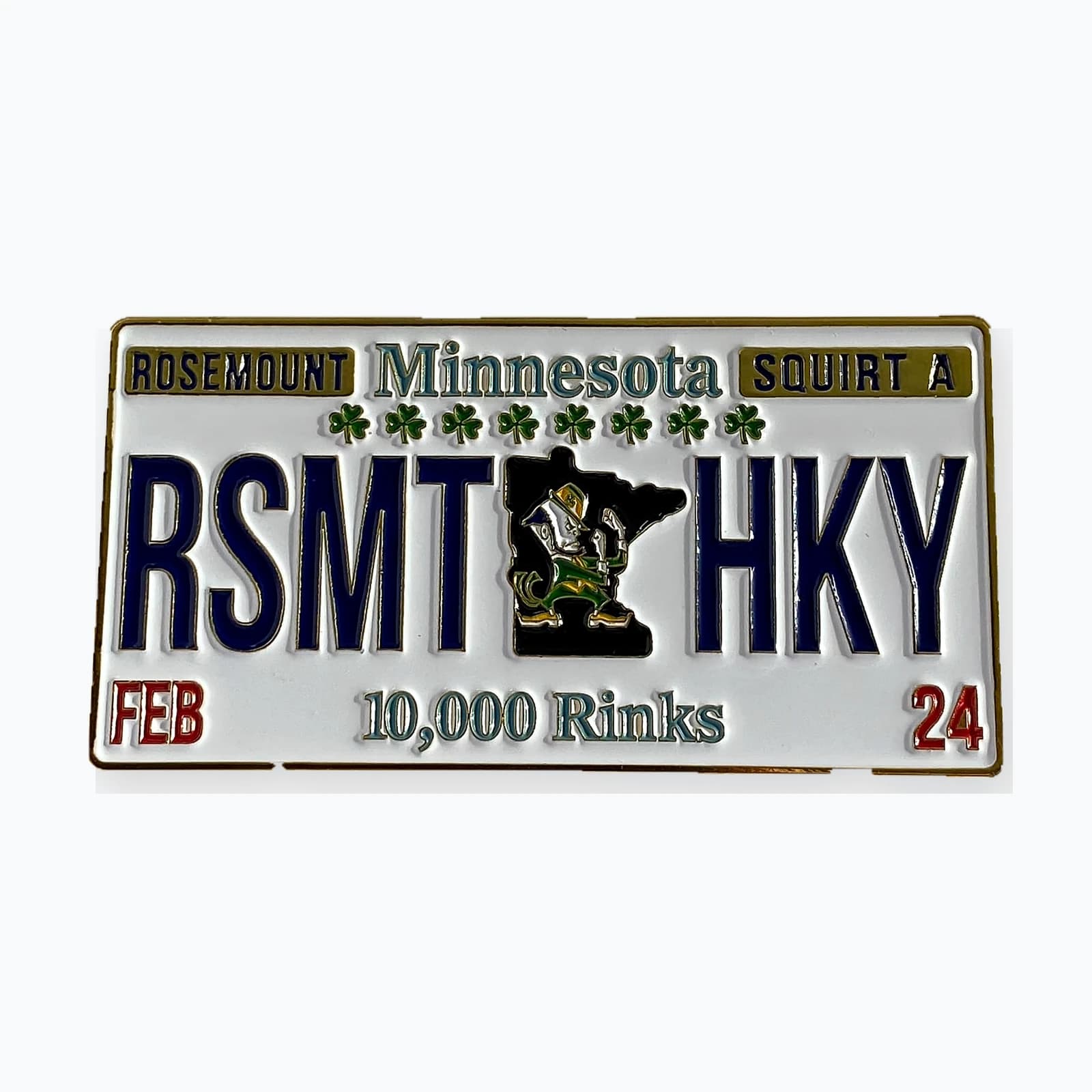 A trading pin shaped like a Minnesota license plate reading RSMT HKY