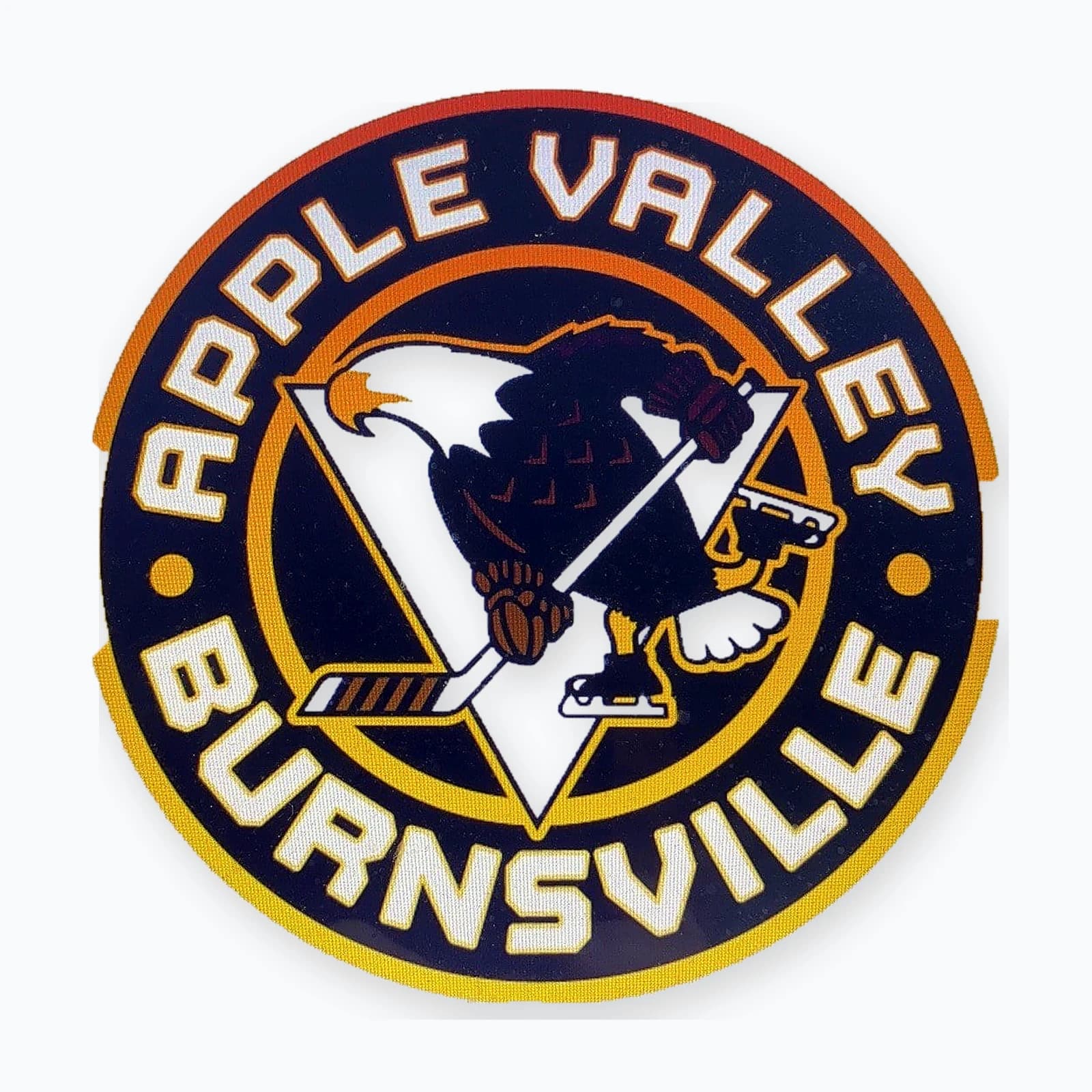 A round Apple Valley Burnsville eagle crest trading pin