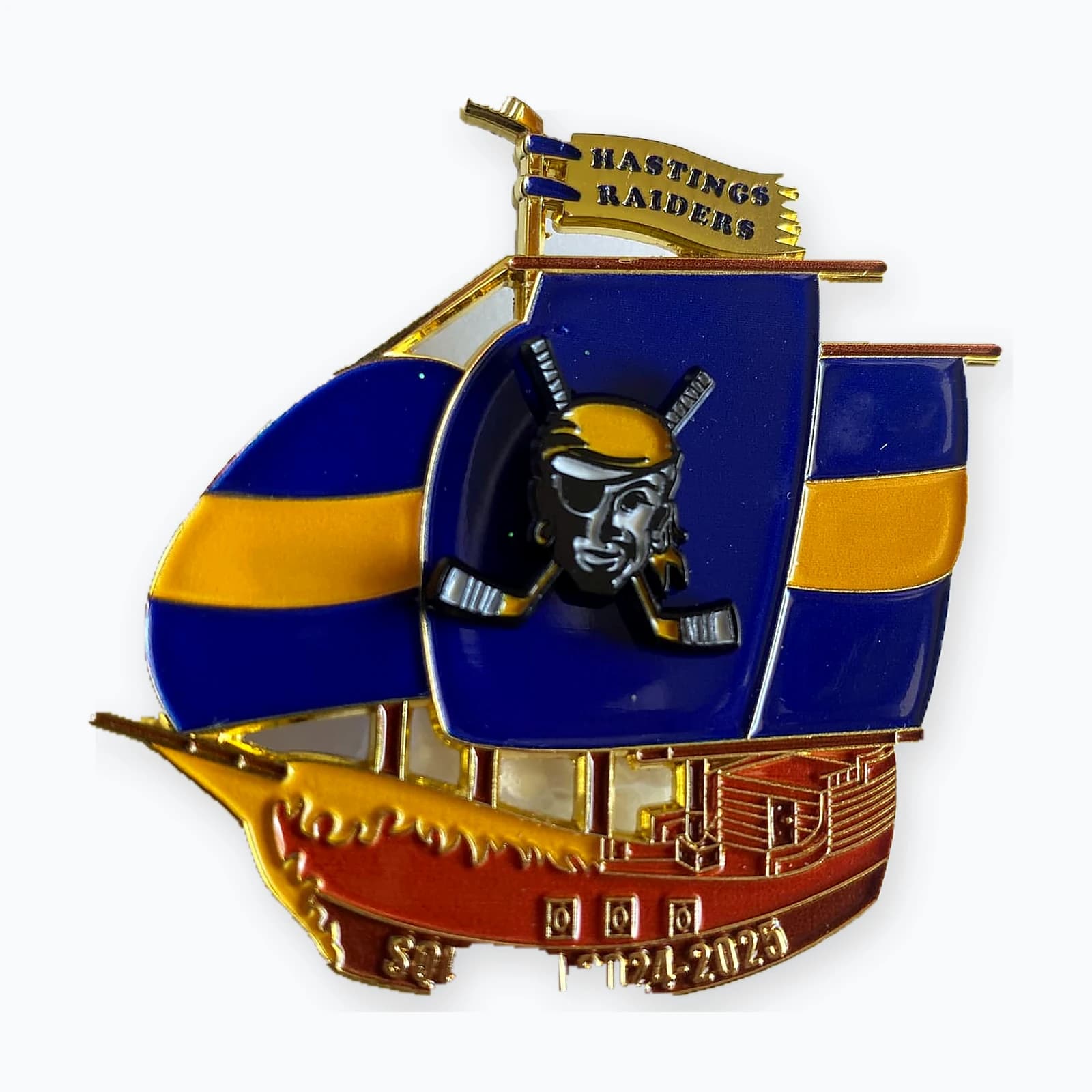 A trading pin shaped like a viking longship
