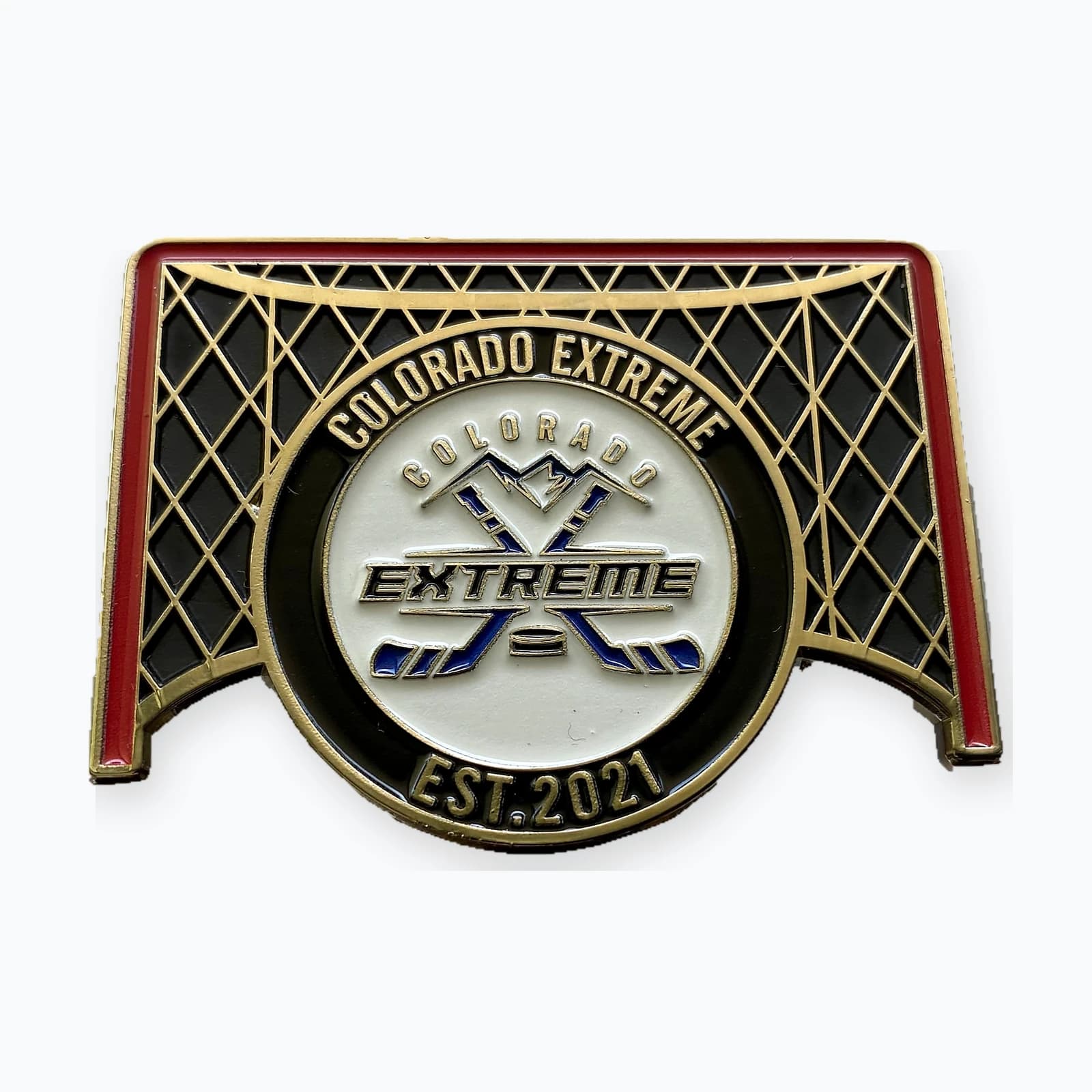 A Colorado Extreme trading pin shaped like a hockey net
