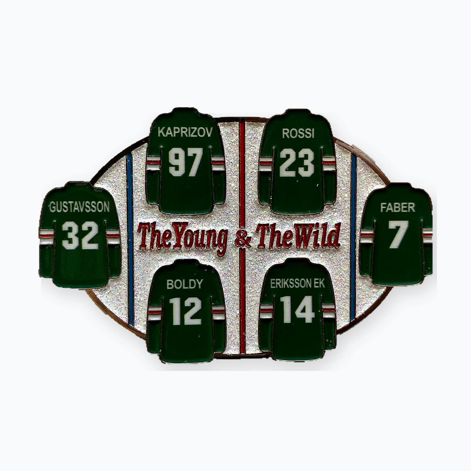 A rink-shaped trading pin with player names and numbers laid out like a lineup