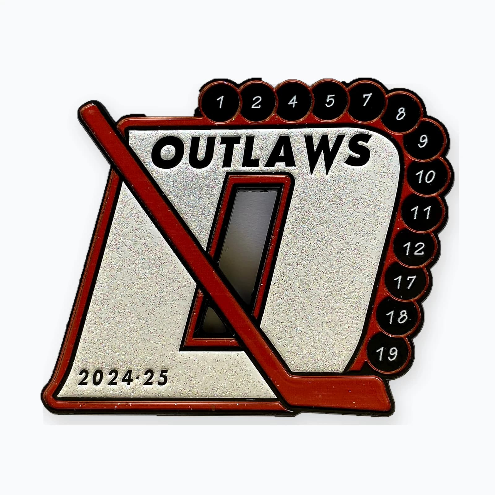 An Outlaws rink-shaped trading pin with player numbers around the edge