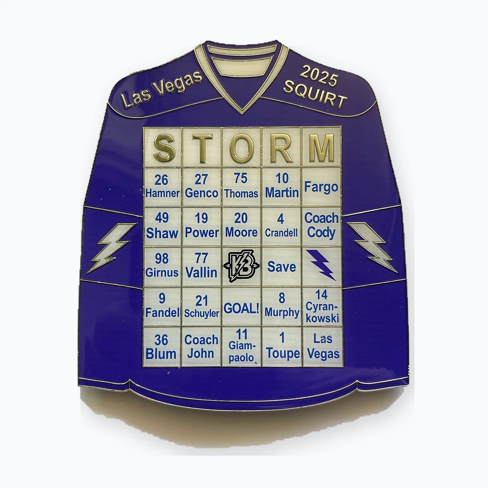 A trading pin shaped like a hockey jersey with the roster printed on it