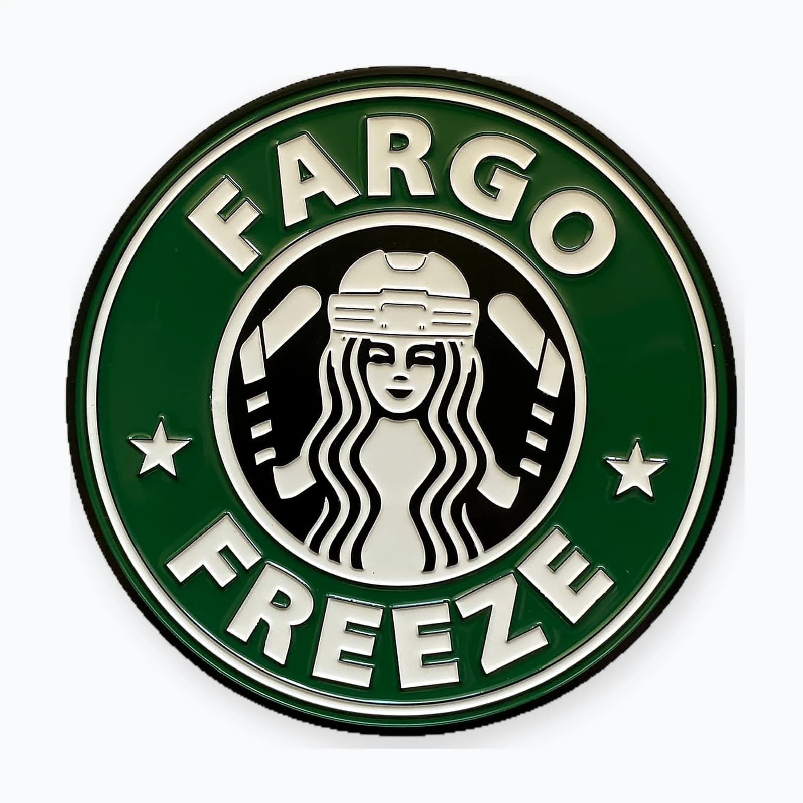 A round green and white Fargo Freeze hockey trading pin