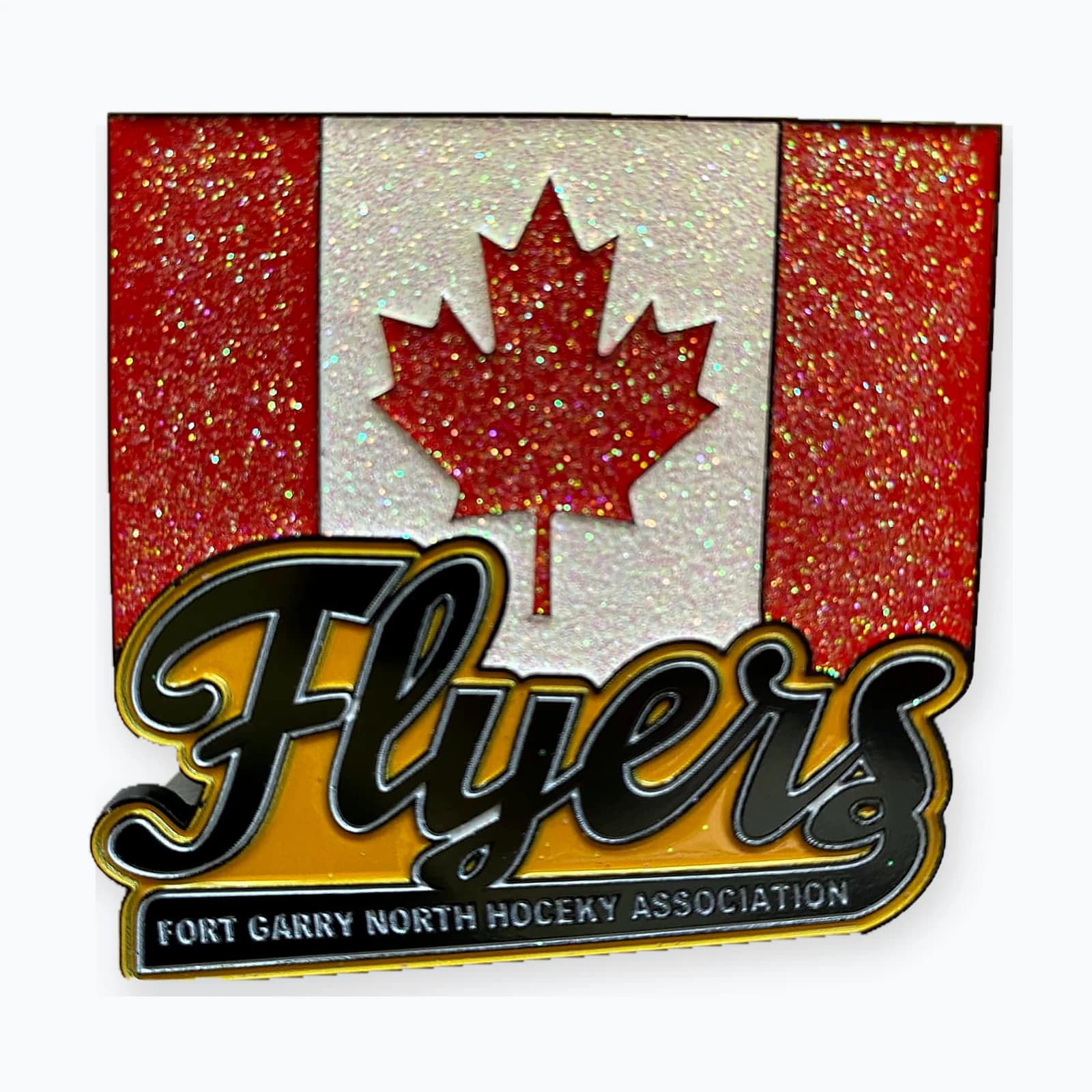 A Fort Garry North Flyers trading pin with a glitter Canadian flag