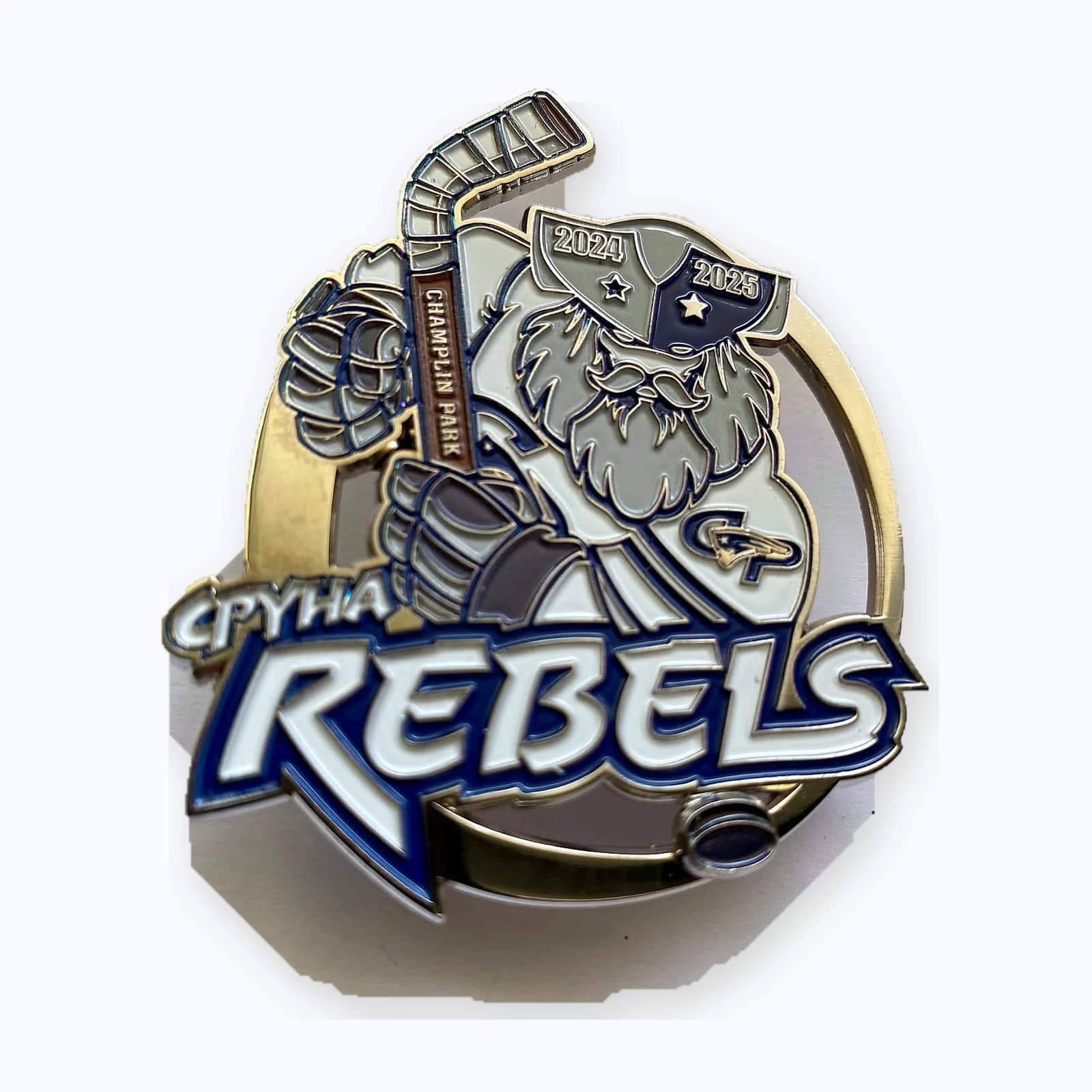 A Gopher Rebels trading pin with a gopher mascot