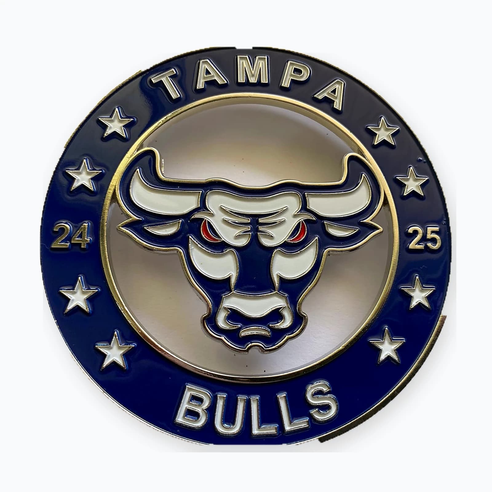 A round Tampa Bulls trading pin with a bull mascot