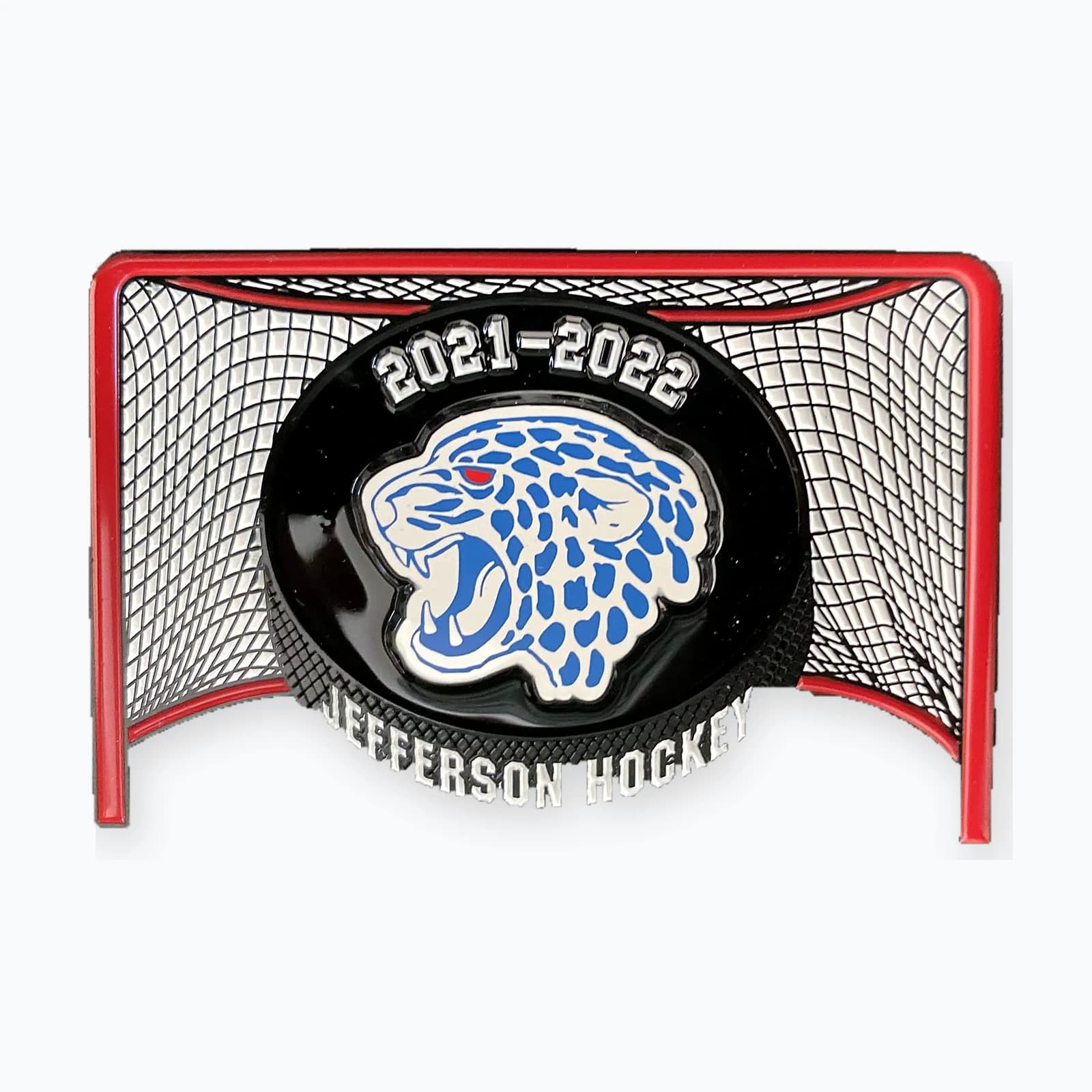 A Jefferson hockey trading pin shaped like a hockey net
