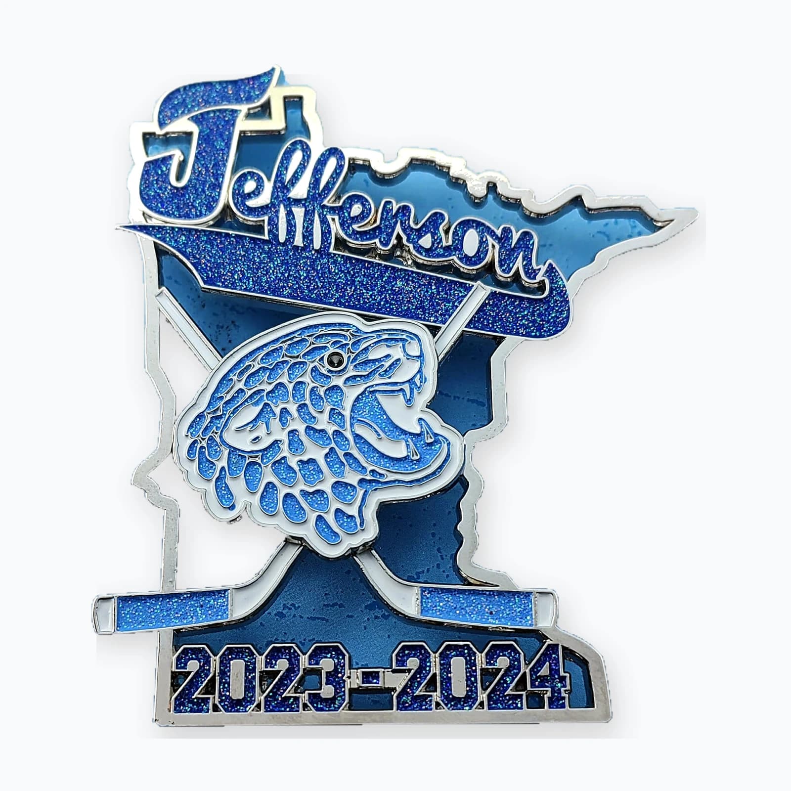 A Minnesota-shaped Jefferson hockey trading pin
