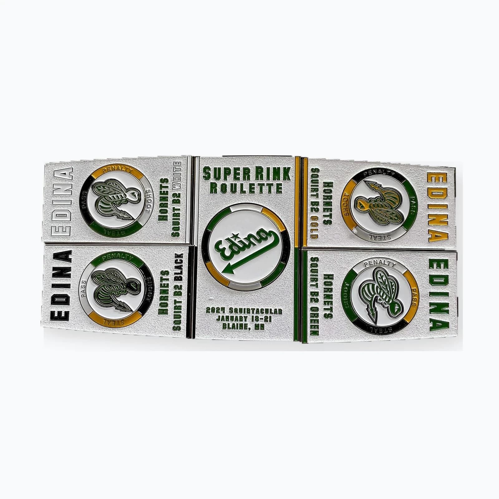 A multi-piece Edina puzzle pin set that fits together into one design