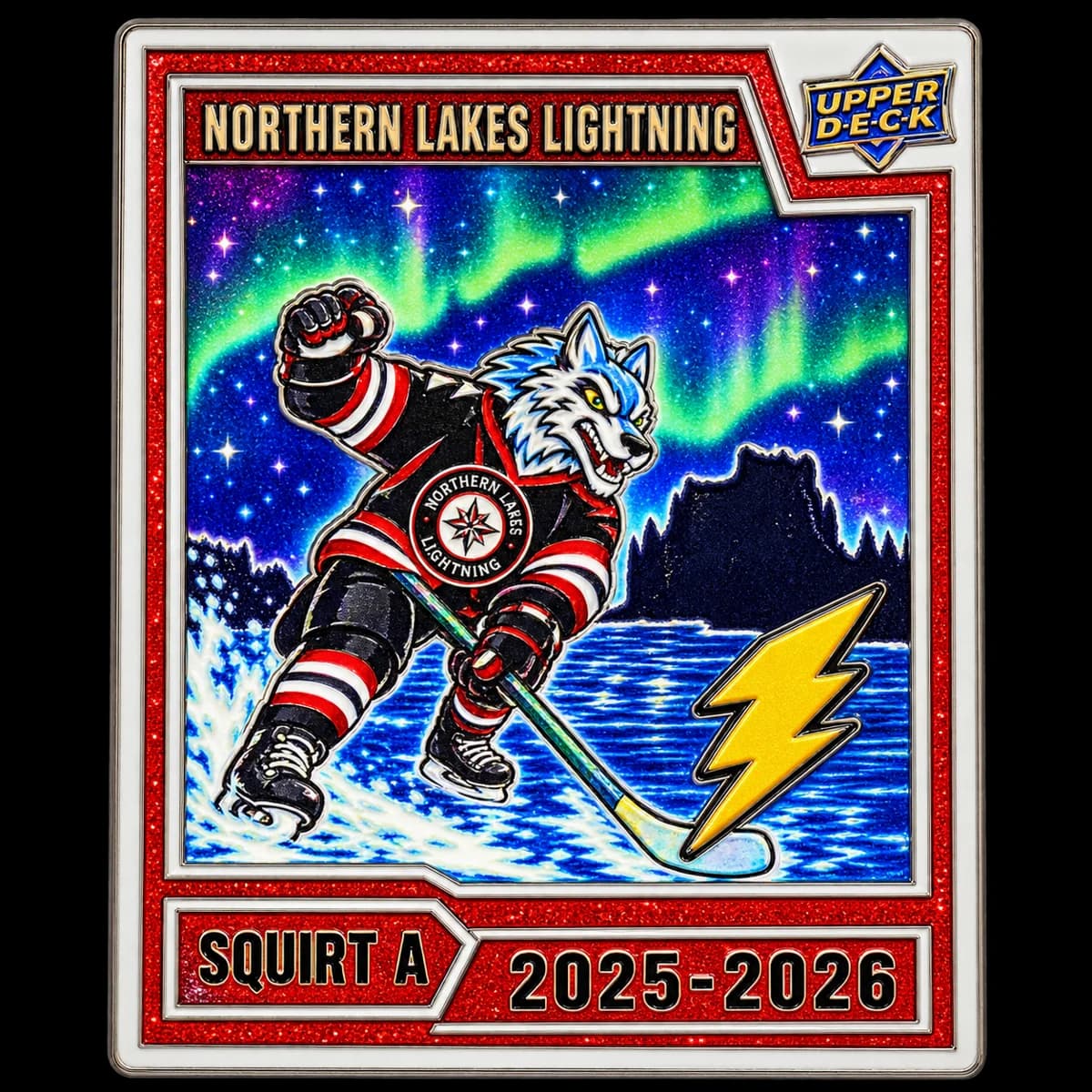 A Northern Lakes Lightning Squirt A 2025–2026 trading pin built like a hockey card: a wolf in team colors skating under the northern lights, with a red glitter frame and a yellow lightning bolt