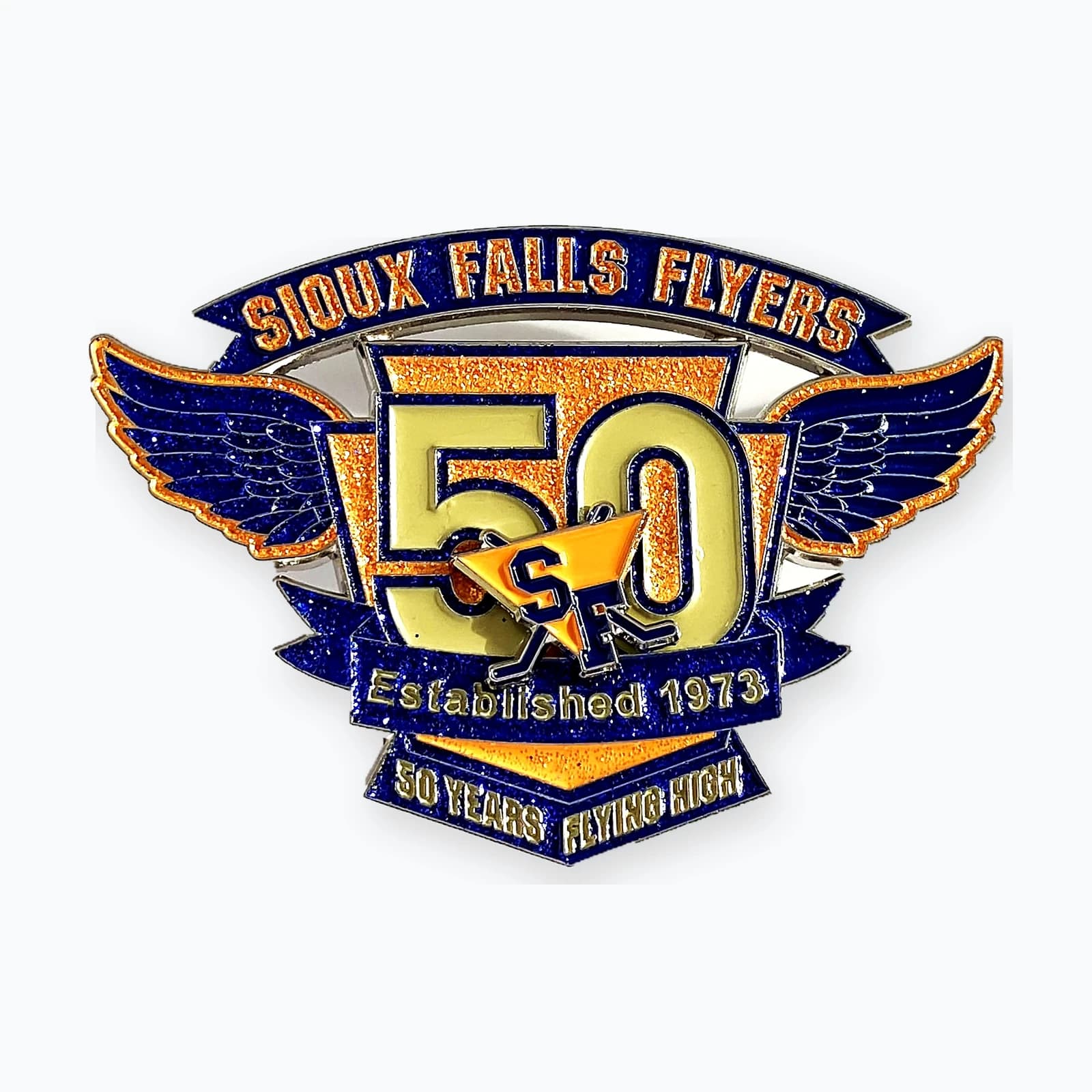 A winged Sioux Falls Flyers 50th anniversary trading pin