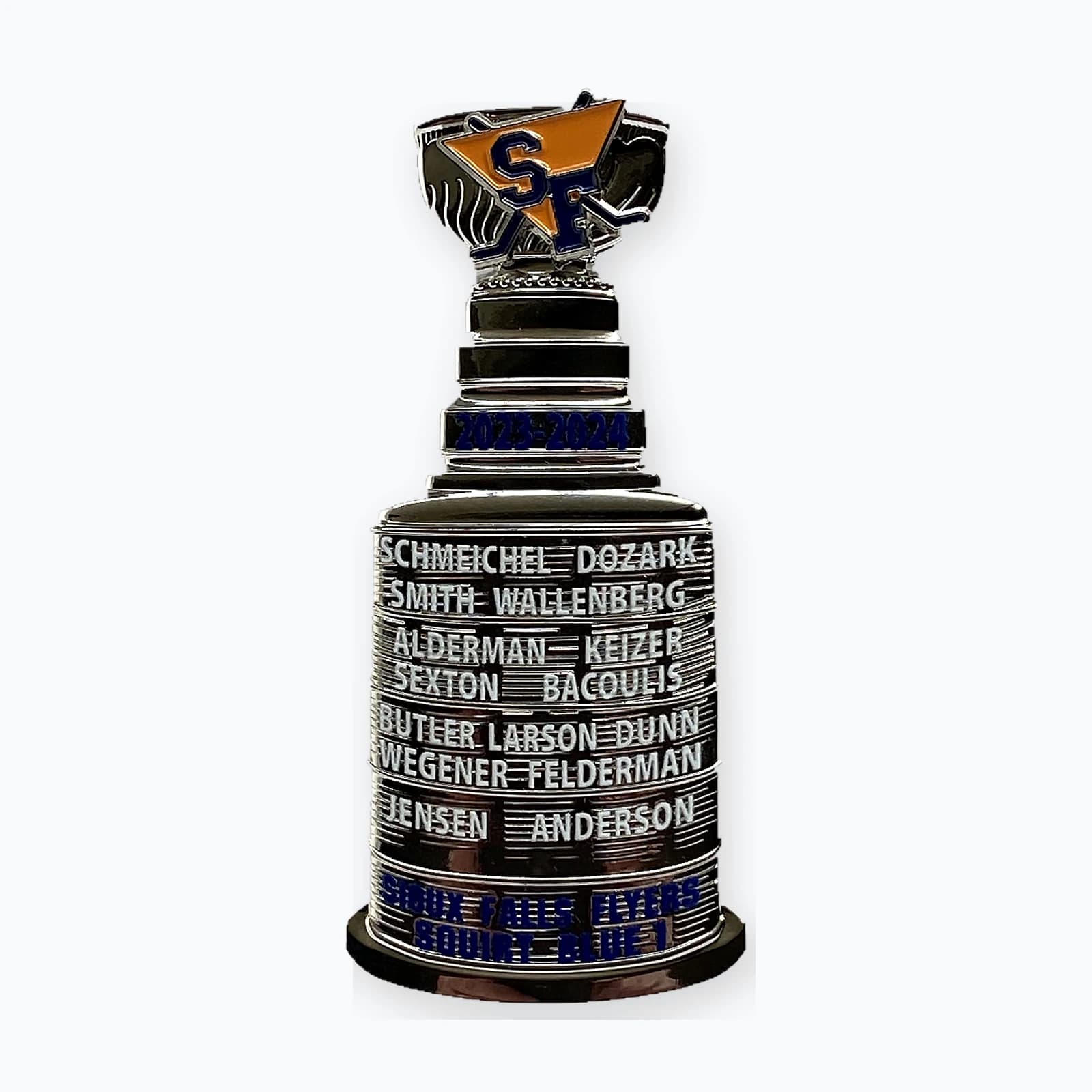 A trading pin shaped like a championship trophy engraved with the team roster