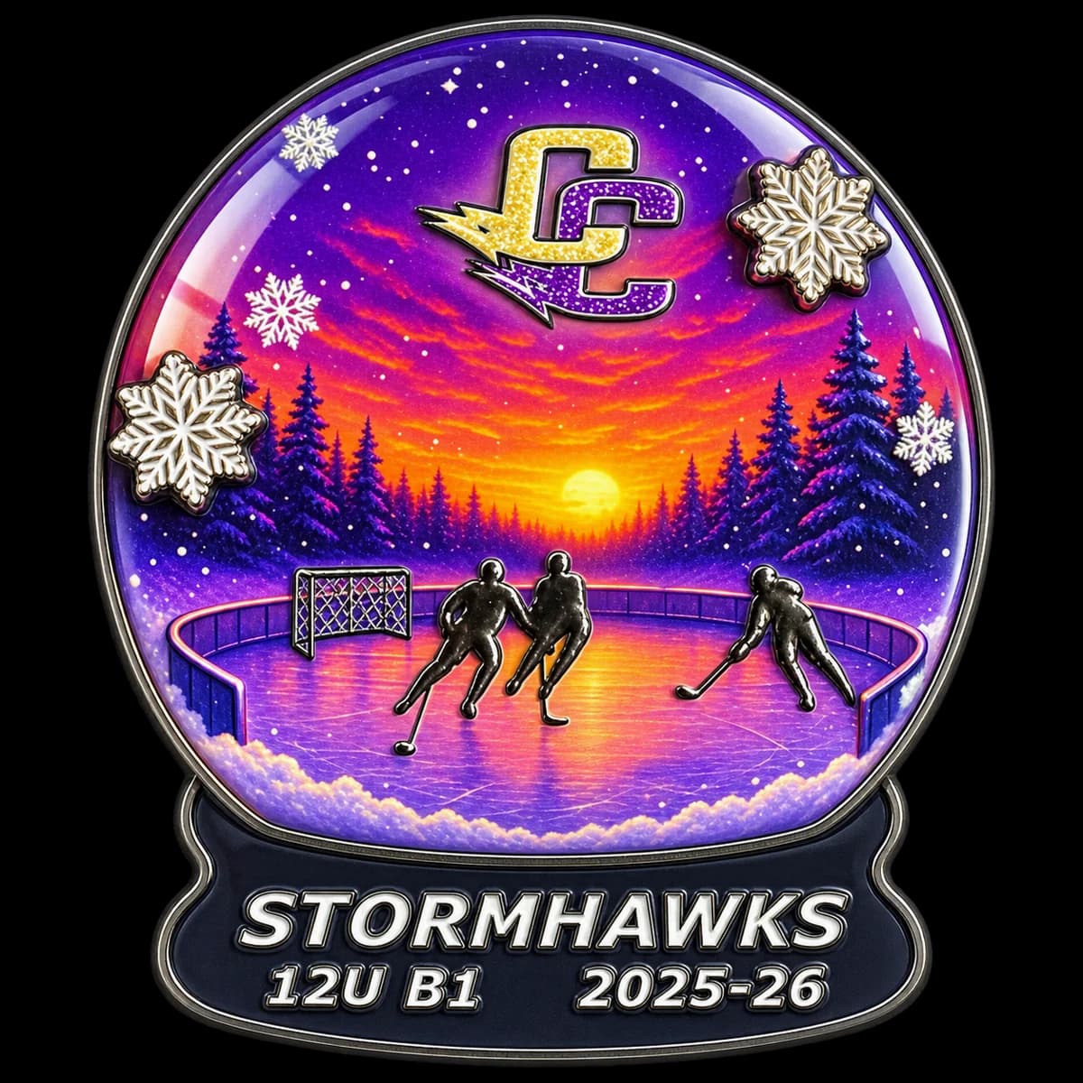 A snow-globe shaped trading pin for the Stormhawks: three players on an outdoor rink under a purple and orange sunset, with glitter team initials and raised snowflakes