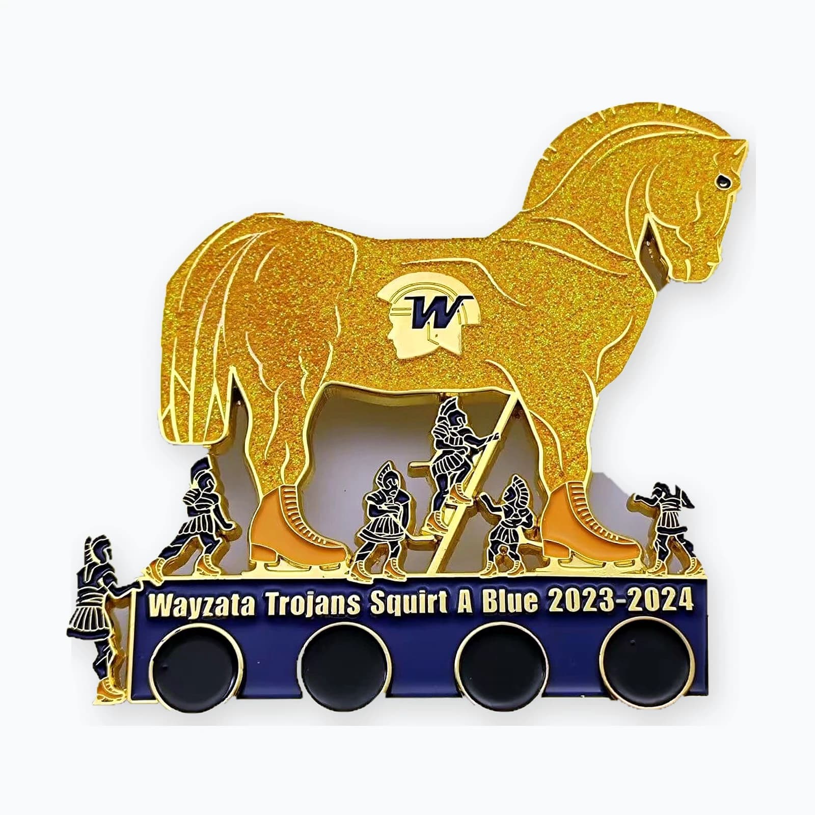 A gold glitter trojan horse trading pin with four danglers hanging beneath it